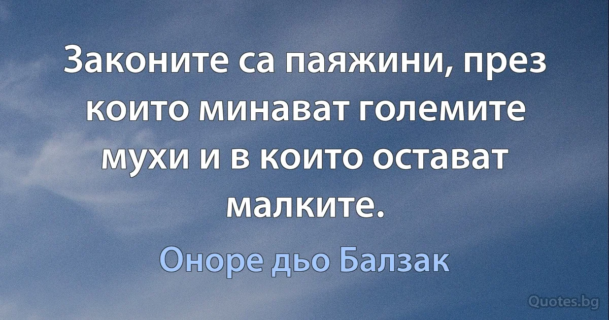 Законите са паяжини, през които минават големите мухи и в които остават малките. (Оноре дьо Балзак)