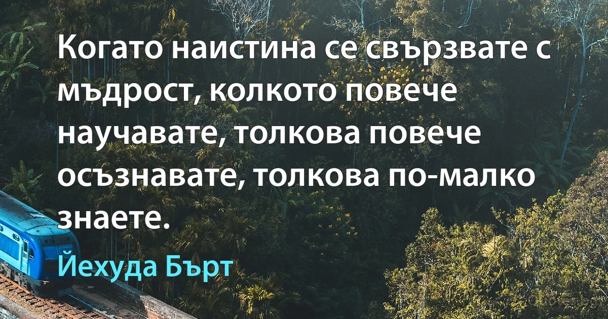 Когато наистина се свързвате с мъдрост, колкото повече научавате, толкова повече осъзнавате, толкова по-малко знаете. (Йехуда Бърт)