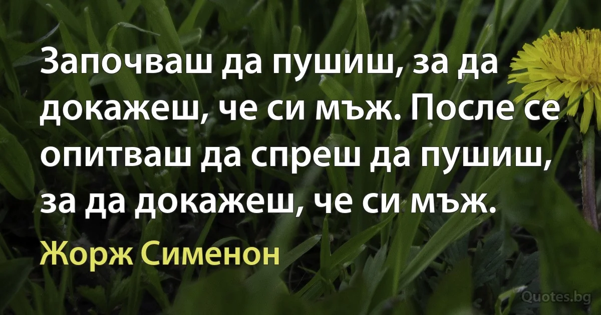 Започваш да пушиш, за да докажеш, че си мъж. После се опитваш да спреш да пушиш, за да докажеш, че си мъж. (Жорж Сименон)