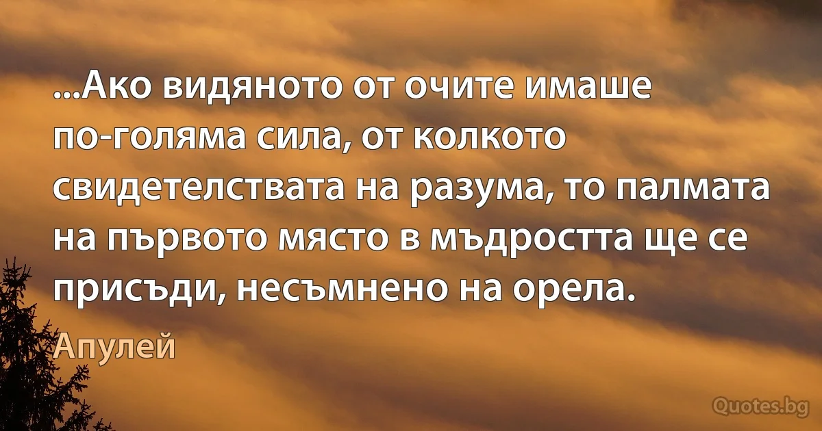 ...Ако видяното от очите имаше по-голяма сила, от колкото свидетелствата на разума, то палмата на първото място в мъдростта ще се присъди, несъмнено на орела. (Апулей)