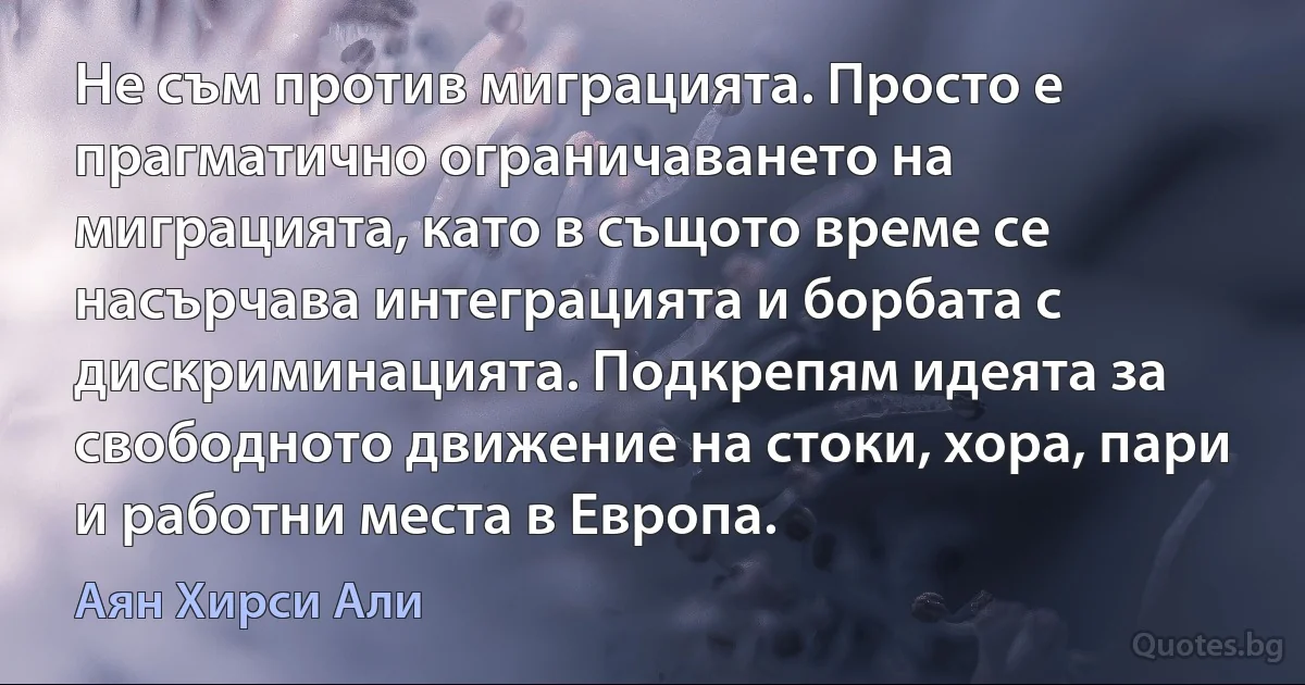 Не съм против миграцията. Просто е прагматично ограничаването на миграцията, като в същото време се насърчава интеграцията и борбата с дискриминацията. Подкрепям идеята за свободното движение на стоки, хора, пари и работни места в Европа. (Аян Хирси Али)