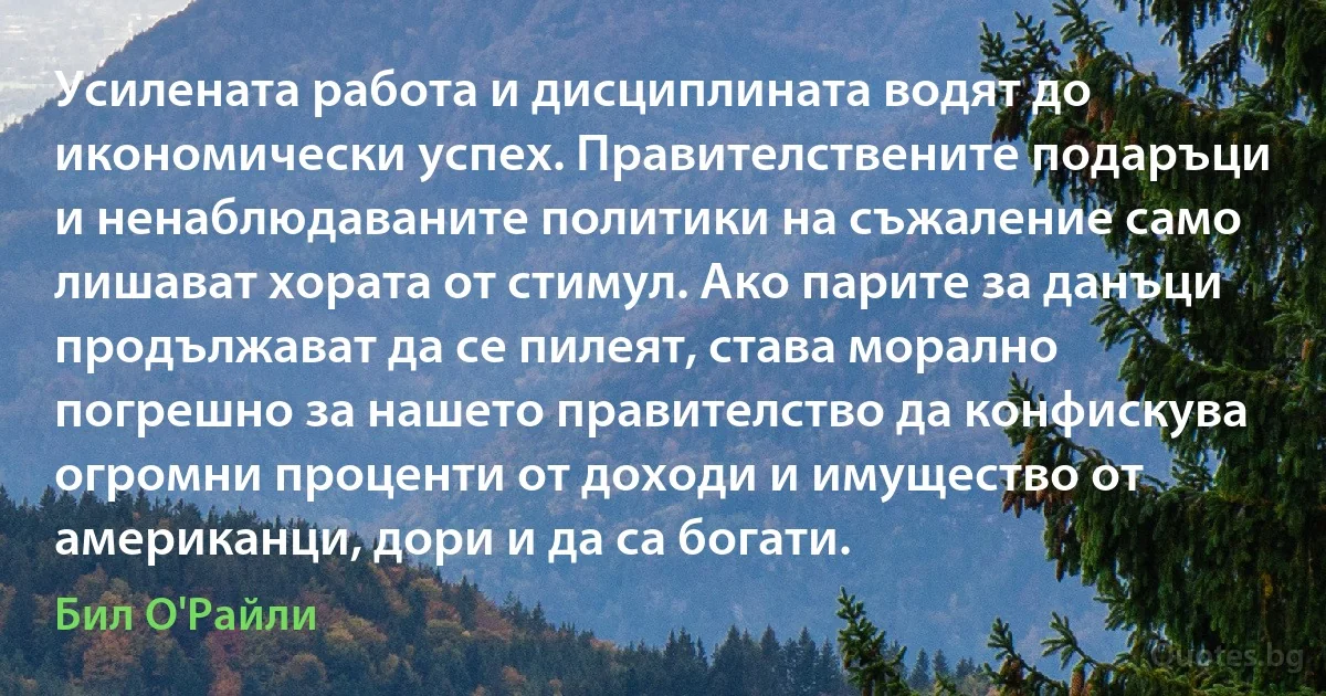 Усилената работа и дисциплината водят до икономически успех. Правителствените подаръци и ненаблюдаваните политики на съжаление само лишават хората от стимул. Ако парите за данъци продължават да се пилеят, става морално погрешно за нашето правителство да конфискува огромни проценти от доходи и имущество от американци, дори и да са богати. (Бил О'Райли)