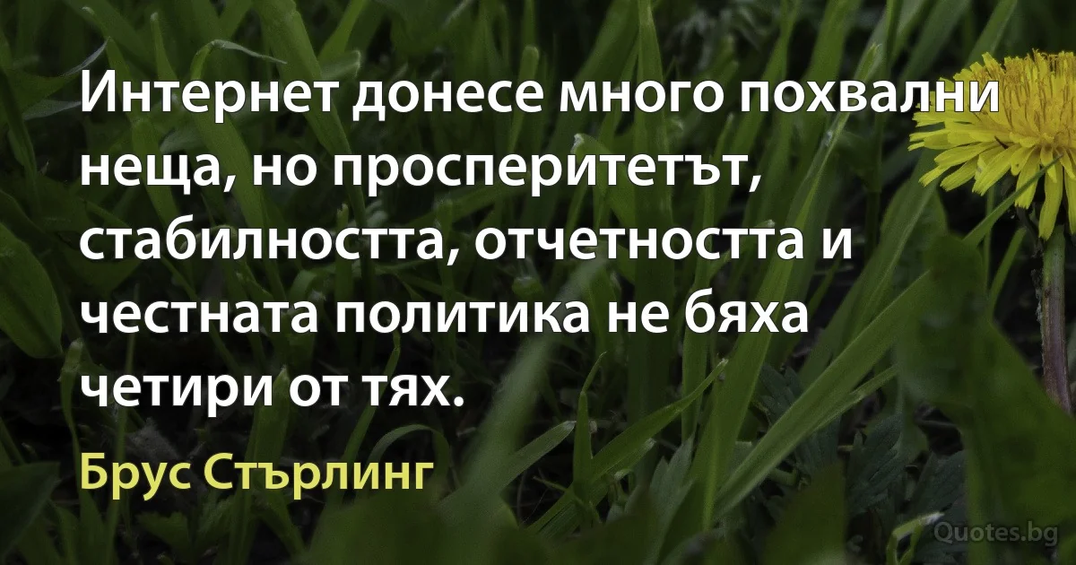 Интернет донесе много похвални неща, но просперитетът, стабилността, отчетността и честната политика не бяха четири от тях. (Брус Стърлинг)