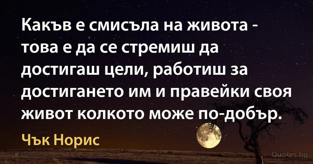 Какъв е смисъла на живота - това е да се стремиш да достигаш цели, работиш за достигането им и правейки своя живот колкото може по-добър. (Чък Норис)