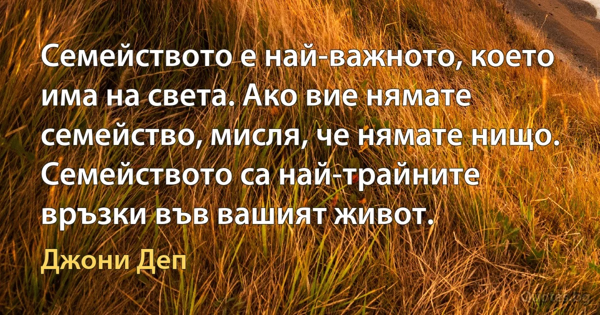 Семейството е най-важното, което има на света. Ако вие нямате семейство, мисля, че нямате нищо. Семейството са най-трайните връзки във вашият живот. (Джони Деп)