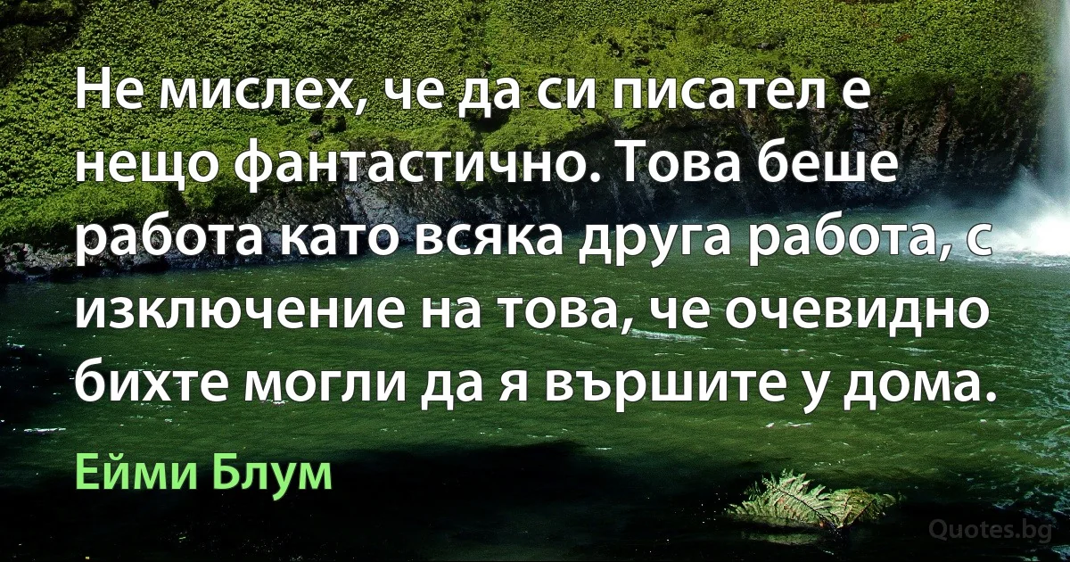 Не мислех, че да си писател е нещо фантастично. Това беше работа като всяка друга работа, с изключение на това, че очевидно бихте могли да я вършите у дома. (Ейми Блум)