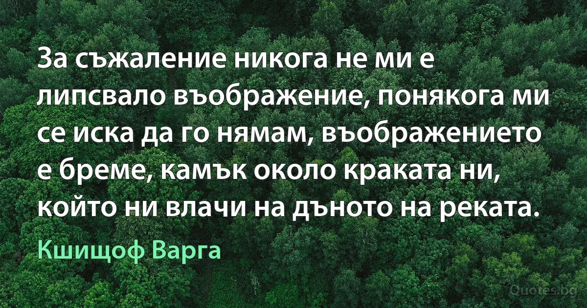 За съжаление никога не ми е липсвало въображение, понякога ми се иска да го нямам, въображението е бреме, камък около краката ни, който ни влачи на дъното на реката. (Кшищоф Варга)