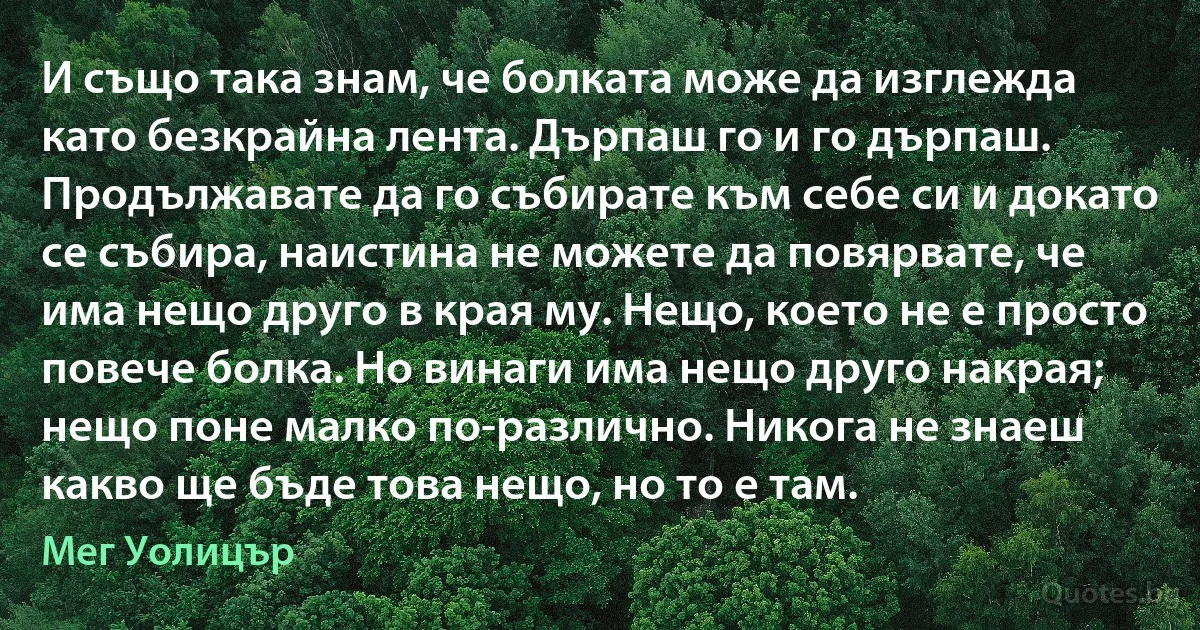 И също така знам, че болката може да изглежда като безкрайна лента. Дърпаш го и го дърпаш. Продължавате да го събирате към себе си и докато се събира, наистина не можете да повярвате, че има нещо друго в края му. Нещо, което не е просто повече болка. Но винаги има нещо друго накрая; нещо поне малко по-различно. Никога не знаеш какво ще бъде това нещо, но то е там. (Мег Уолицър)