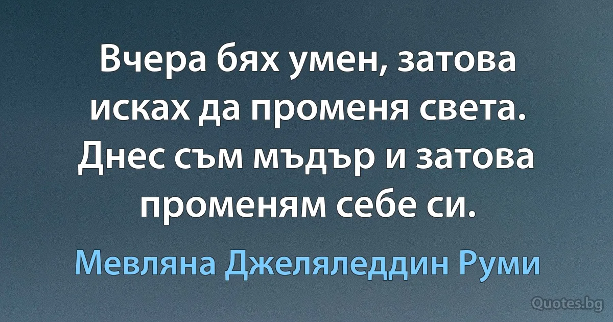 Вчера бях умен, затова исках да променя света. Днес съм мъдър и затова променям себе си. (Мевляна Джеляледдин Руми)