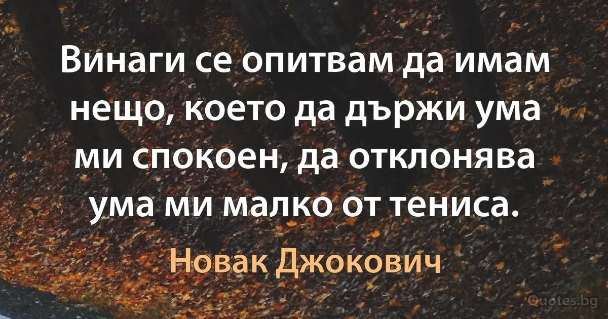 Винаги се опитвам да имам нещо, което да държи ума ми спокоен, да отклонява ума ми малко от тениса. (Новак Джокович)