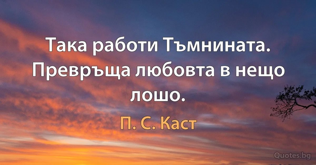 Така работи Тъмнината. Превръща любовта в нещо лошо. (П. С. Каст)