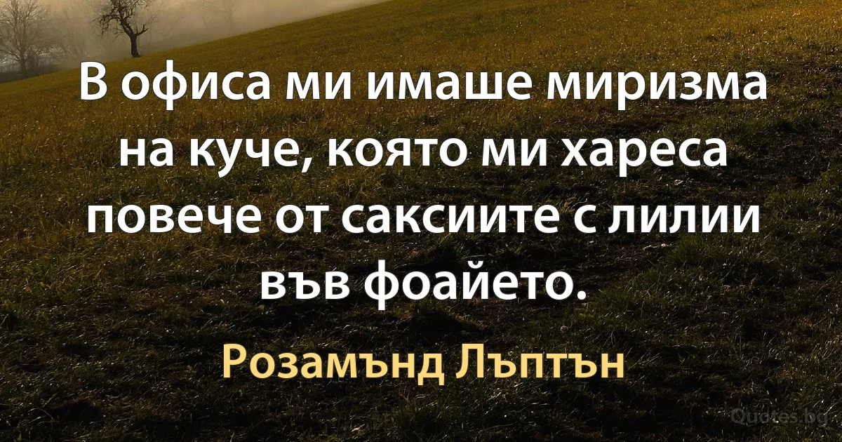 В офиса ми имаше миризма на куче, която ми хареса повече от саксиите с лилии във фоайето. (Розамънд Лъптън)