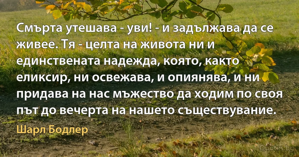 Смърта утешава - уви! - и задължава да се живее. Тя - целта на живота ни и единствената надежда, която, както еликсир, ни освежава, и опиянява, и ни придава на нас мъжество да ходим по своя път до вечерта на нашето съществувание. (Шарл Бодлер)