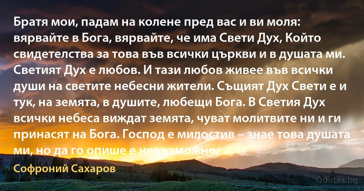 Братя мои, падам на колене пред вас и ви моля: вярвайте в Бога, вярвайте, че има Свети Дух, Който свидетелства за това във всички църкви и в душата ми. Светият Дух е любов. И тази любов живее във всички души на светите небесни жители. Същият Дух Свети е и тук, на земята, в душите, любещи Бога. В Светия Дух всички небеса виждат земята, чуват молитвите ни и ги принасят на Бога. Господ е милостив – знае това душата ми, но да го опише е невъзможно. (Софроний Сахаров)