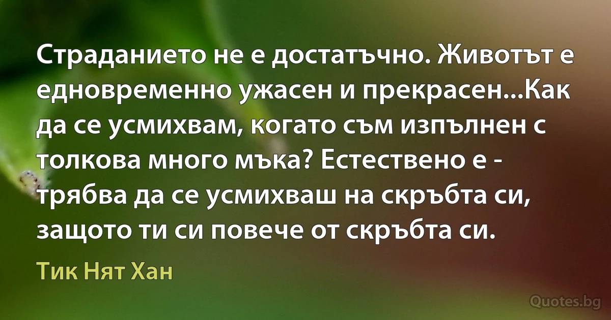 Страданието не е достатъчно. Животът е едновременно ужасен и прекрасен...Как да се усмихвам, когато съм изпълнен с толкова много мъка? Естествено е - трябва да се усмихваш на скръбта си, защото ти си повече от скръбта си. (Тик Нят Хан)