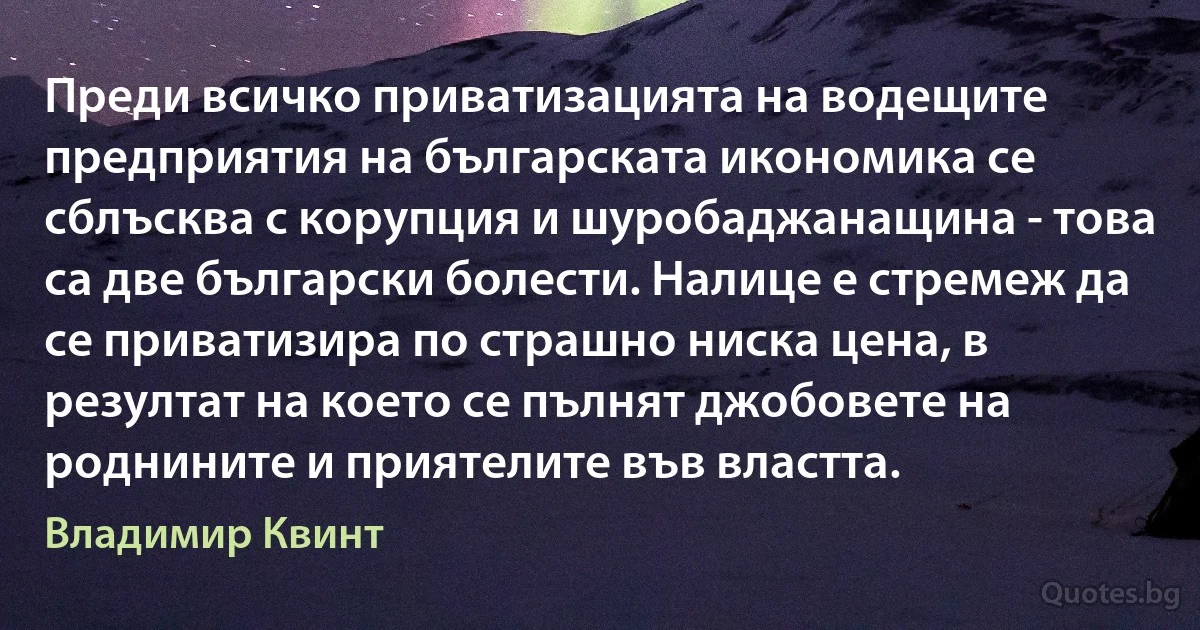 Преди всичко приватизацията на водещите предприятия на българската икономика се сблъсква с корупция и шуробаджанащина - това са две български болести. Налице е стремеж да се приватизира по страшно ниска цена, в резултат на което се пълнят джобовете на роднините и приятелите във властта. (Владимир Квинт)