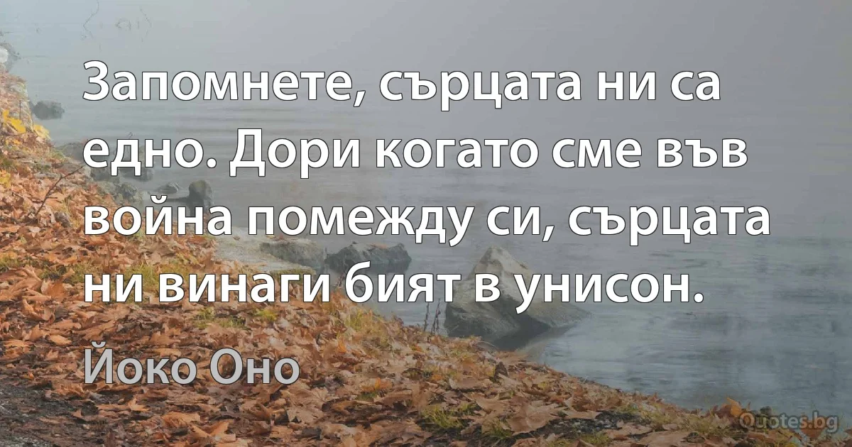 Запомнете, сърцата ни са едно. Дори когато сме във война помежду си, сърцата ни винаги бият в унисон. (Йоко Оно)