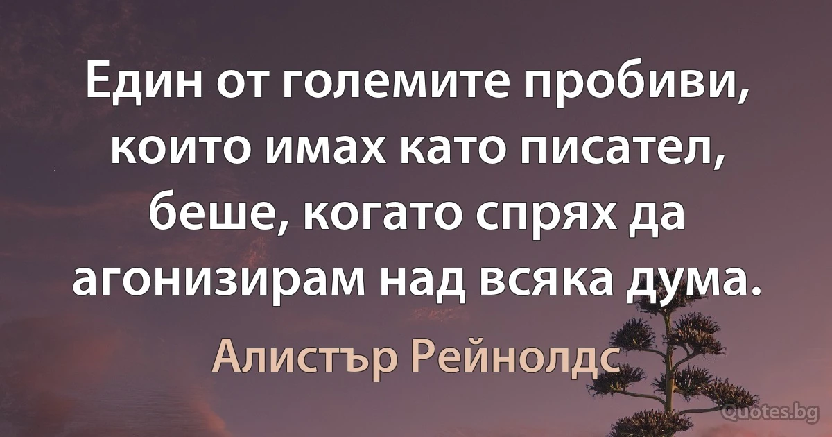 Един от големите пробиви, които имах като писател, беше, когато спрях да агонизирам над всяка дума. (Алистър Рейнолдс)