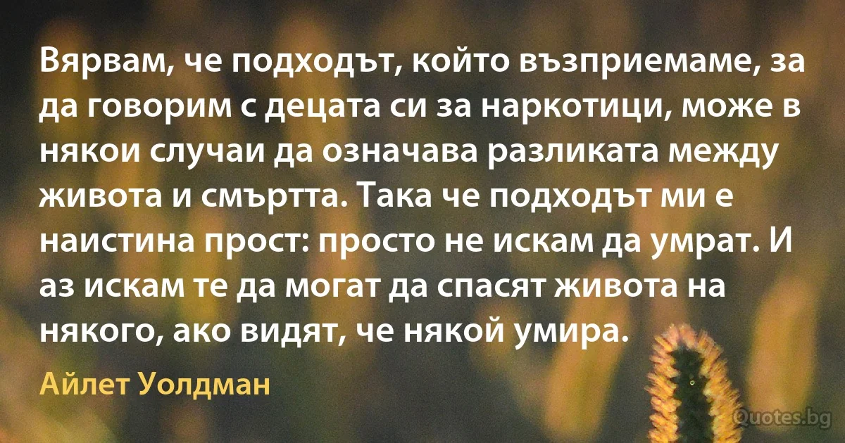 Вярвам, че подходът, който възприемаме, за да говорим с децата си за наркотици, може в някои случаи да означава разликата между живота и смъртта. Така че подходът ми е наистина прост: просто не искам да умрат. И аз искам те да могат да спасят живота на някого, ако видят, че някой умира. (Айлет Уолдман)