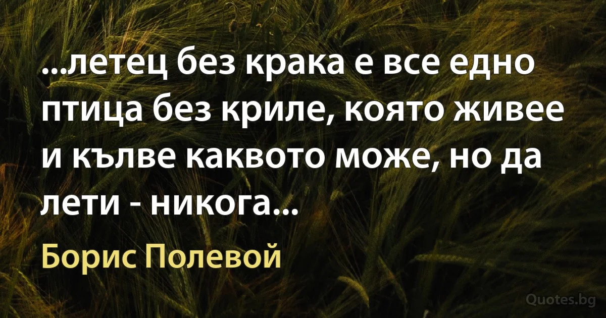 ...летец без крака е все едно птица без криле, която живее и кълве каквото може, но да лети - никога... (Борис Полевой)