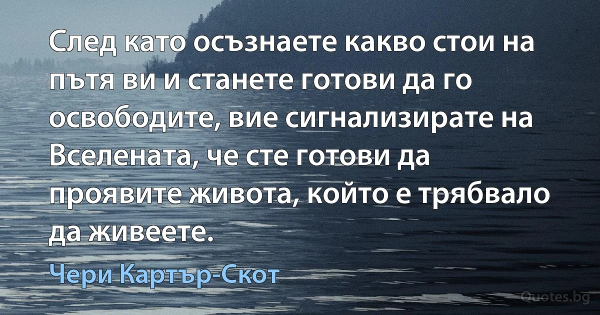 След като осъзнаете какво стои на пътя ви и станете готови да го освободите, вие сигнализирате на Вселената, че сте готови да проявите живота, който е трябвало да живеете. (Чери Картър-Скот)