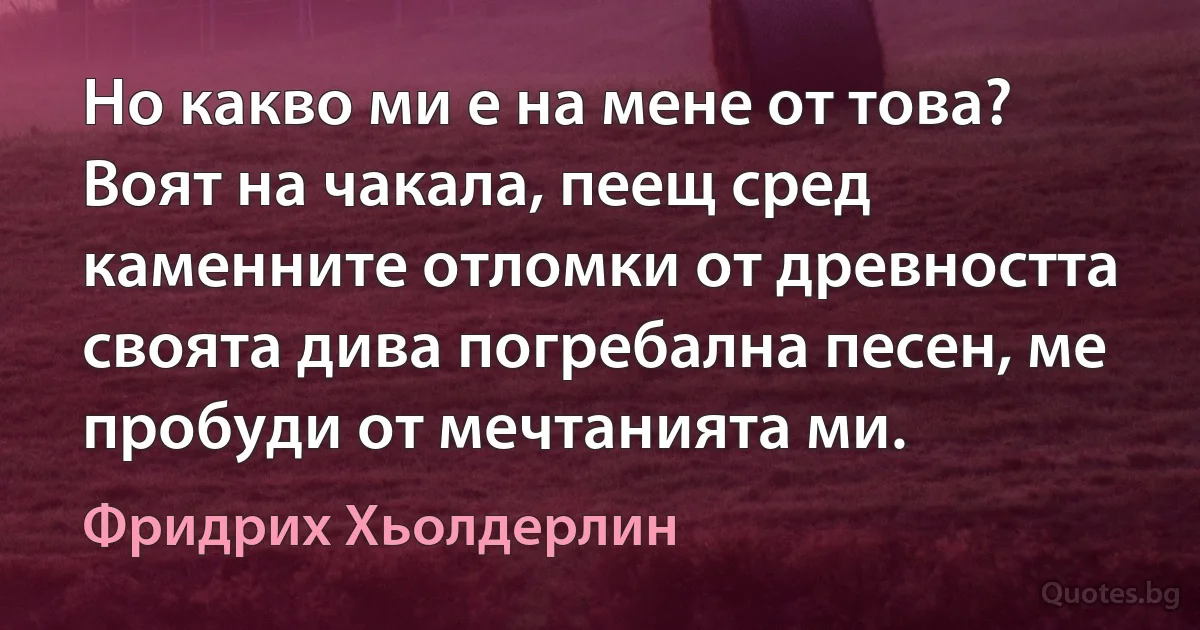 Но какво ми е на мене от това? Воят на чакала, пеещ сред каменните отломки от древността своята дива погребална песен, ме пробуди от мечтанията ми. (Фридрих Хьолдерлин)