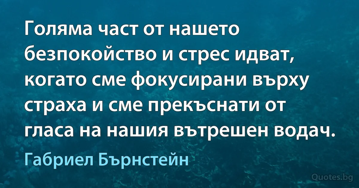 Голяма част от нашето безпокойство и стрес идват, когато сме фокусирани върху страха и сме прекъснати от гласа на нашия вътрешен водач. (Габриел Бърнстейн)