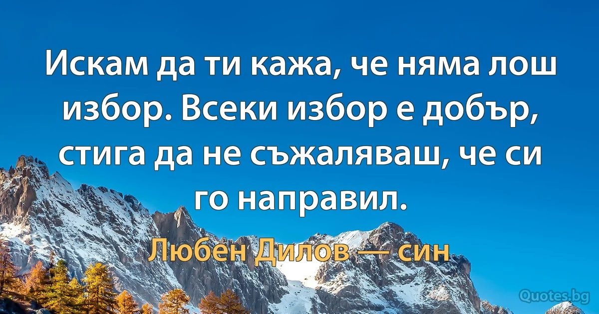 Искам да ти кажа, че няма лош избор. Всеки избор е добър, стига да не съжаляваш, че си го направил. (Любен Дилов — син)