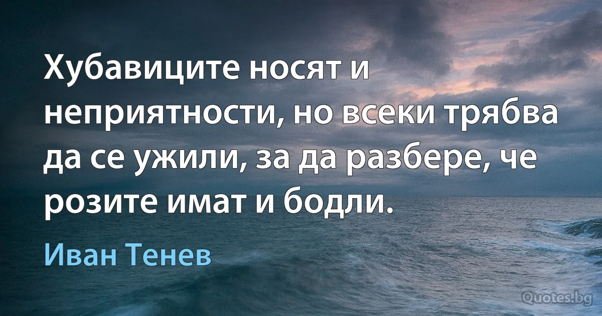 Хубавиците носят и неприятности, но всеки трябва да се ужили, за да разбере, че розите имат и бодли. (Иван Тенев)