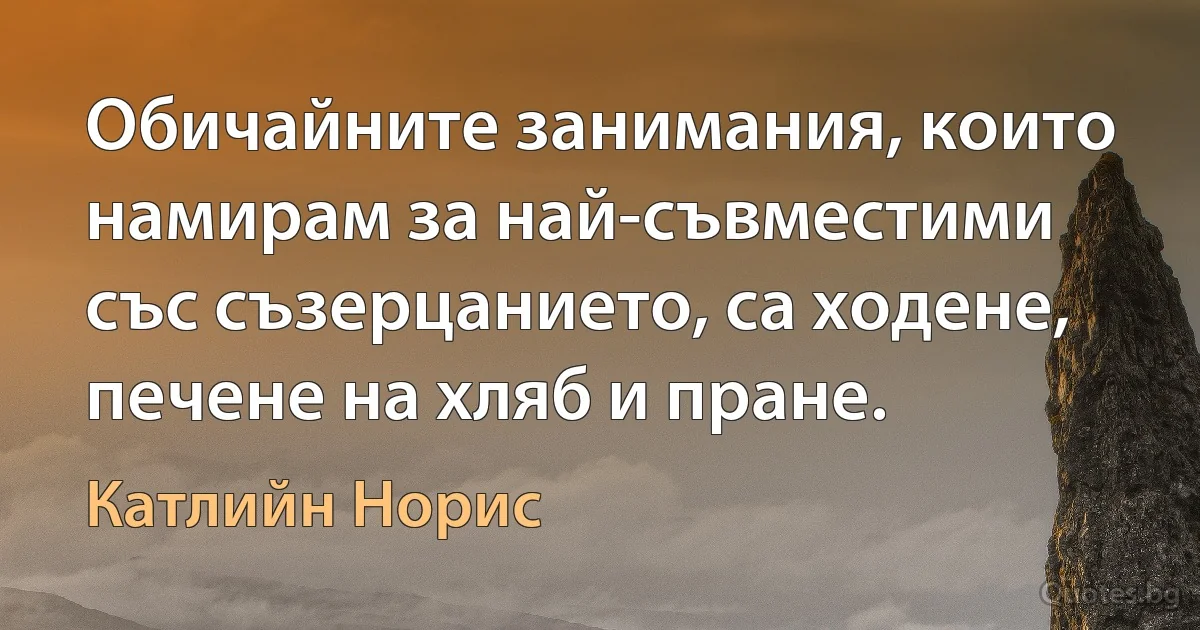 Обичайните занимания, които намирам за най-съвместими със съзерцанието, са ходене, печене на хляб и пране. (Катлийн Норис)