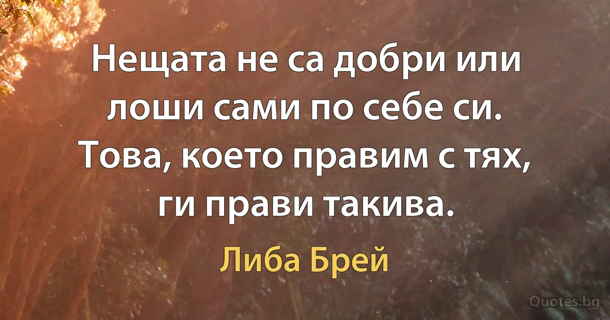 Нещата не са добри или лоши сами по себе си. Това, което правим с тях, ги прави такива. (Либа Брей)