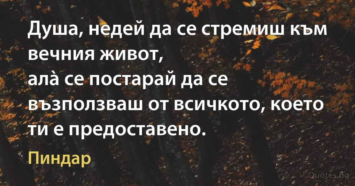 Душа, недей да се стремиш към вечния живот,
алà се постарай да се възползваш от всичкото, което ти е предоставено. (Пиндар)