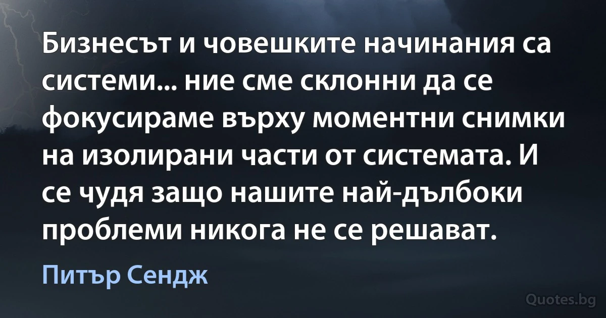 Бизнесът и човешките начинания са системи... ние сме склонни да се фокусираме върху моментни снимки на изолирани части от системата. И се чудя защо нашите най-дълбоки проблеми никога не се решават. (Питър Сендж)