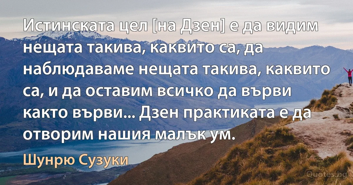 Истинската цел [на Дзен] е да видим нещата такива, каквито са, да наблюдаваме нещата такива, каквито са, и да оставим всичко да върви както върви... Дзен практиката е да отворим нашия малък ум. (Шунрю Сузуки)