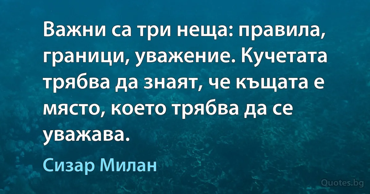 Важни са три неща: правила, граници, уважение. Кучетата трябва да знаят, че къщата е място, което трябва да се уважава. (Сизар Милан)