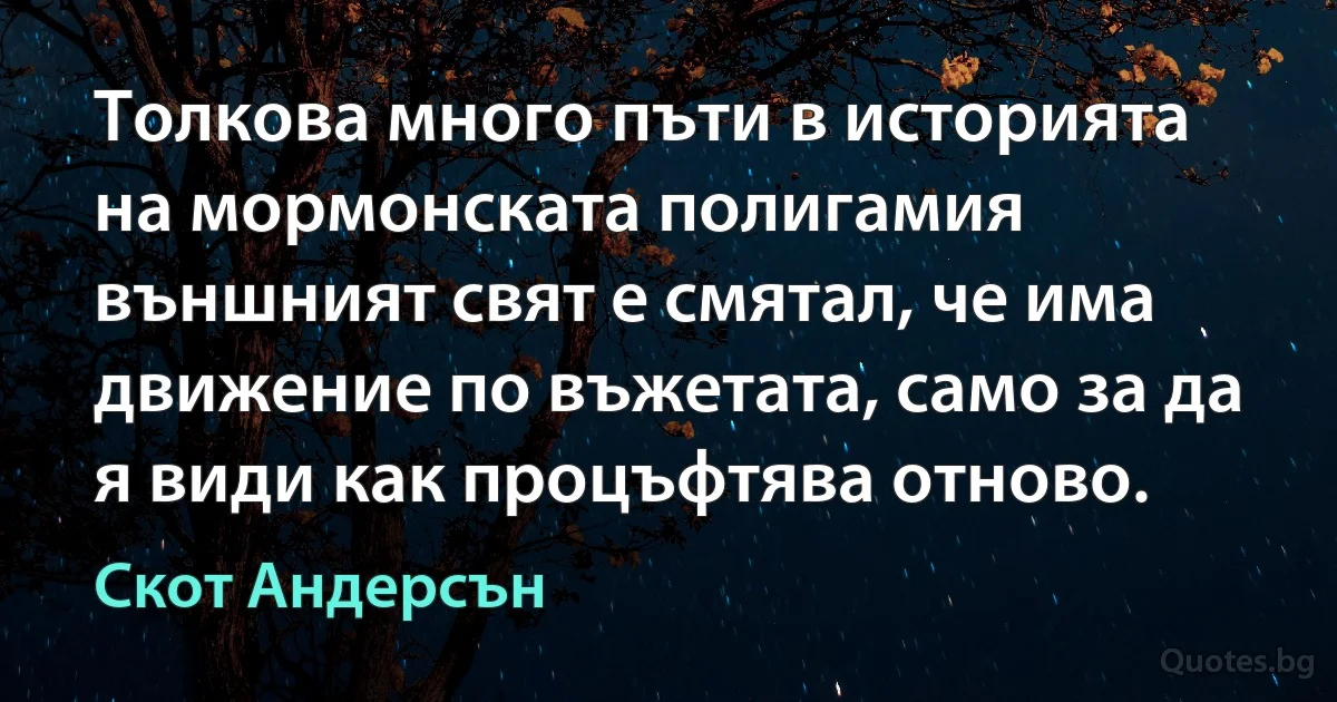 Толкова много пъти в историята на мормонската полигамия външният свят е смятал, че има движение по въжетата, само за да я види как процъфтява отново. (Скот Андерсън)