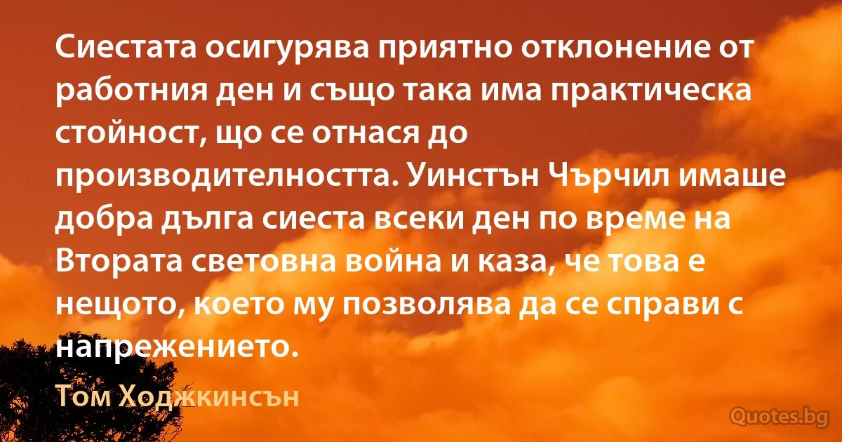 Сиестата осигурява приятно отклонение от работния ден и също така има практическа стойност, що се отнася до производителността. Уинстън Чърчил имаше добра дълга сиеста всеки ден по време на Втората световна война и каза, че това е нещото, което му позволява да се справи с напрежението. (Том Ходжкинсън)