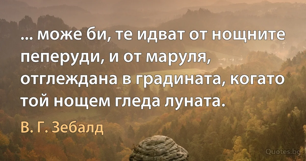 ... може би, те идват от нощните пеперуди, и от маруля, отглеждана в градината, когато той нощем гледа луната. (В. Г. Зебалд)