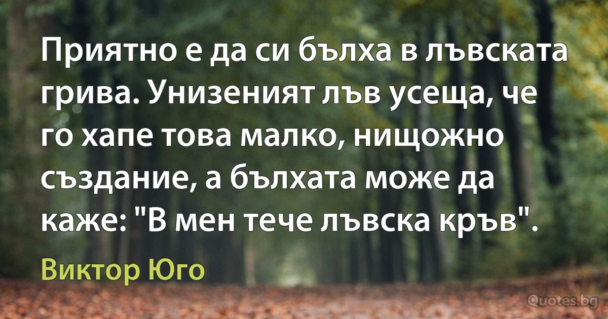 Приятно е да си бълха в лъвската грива. Унизеният лъв усеща, че го хапе това малко, нищожно създание, а бълхата може да каже: "В мен тече лъвска кръв". (Виктор Юго)