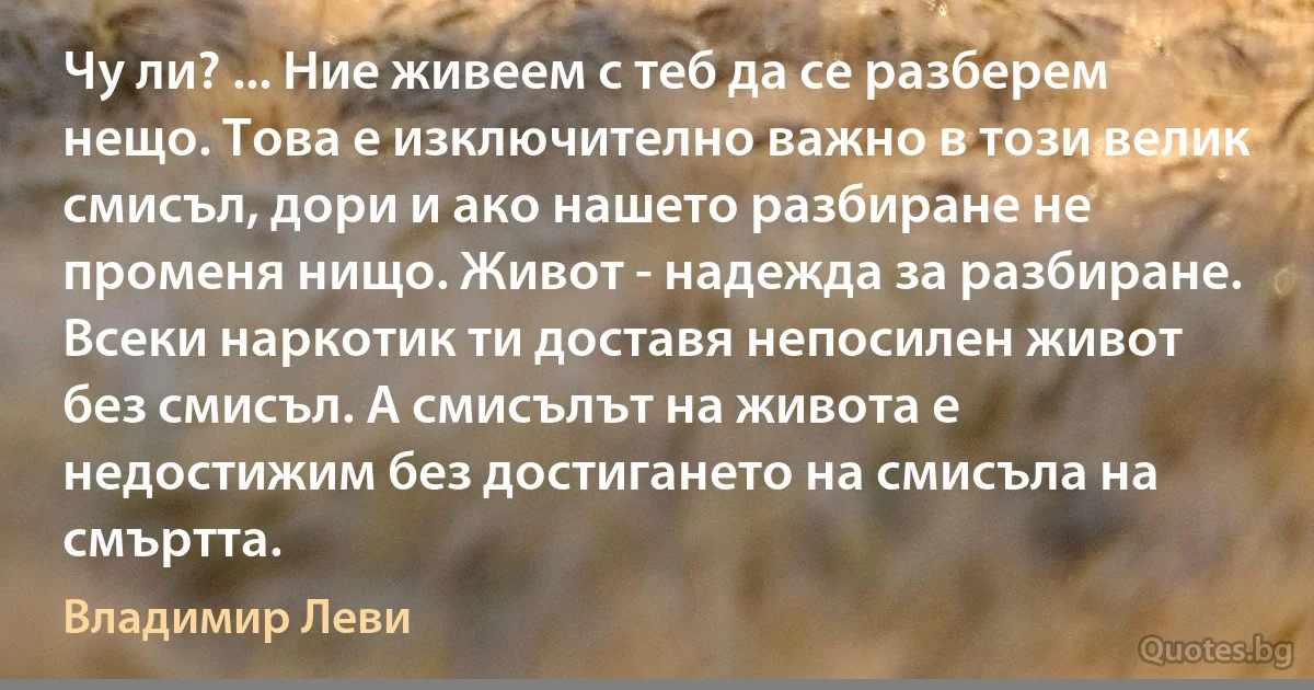 Чу ли? ... Ние живеем с теб да се разберем нещо. Това е изключително важно в този велик смисъл, дори и ако нашето разбиране не променя нищо. Живот - надежда за разбиране. Всеки наркотик ти доставя непосилен живот без смисъл. А смисълът на живота е недостижим без достигането на смисъла на смъртта. (Владимир Леви)