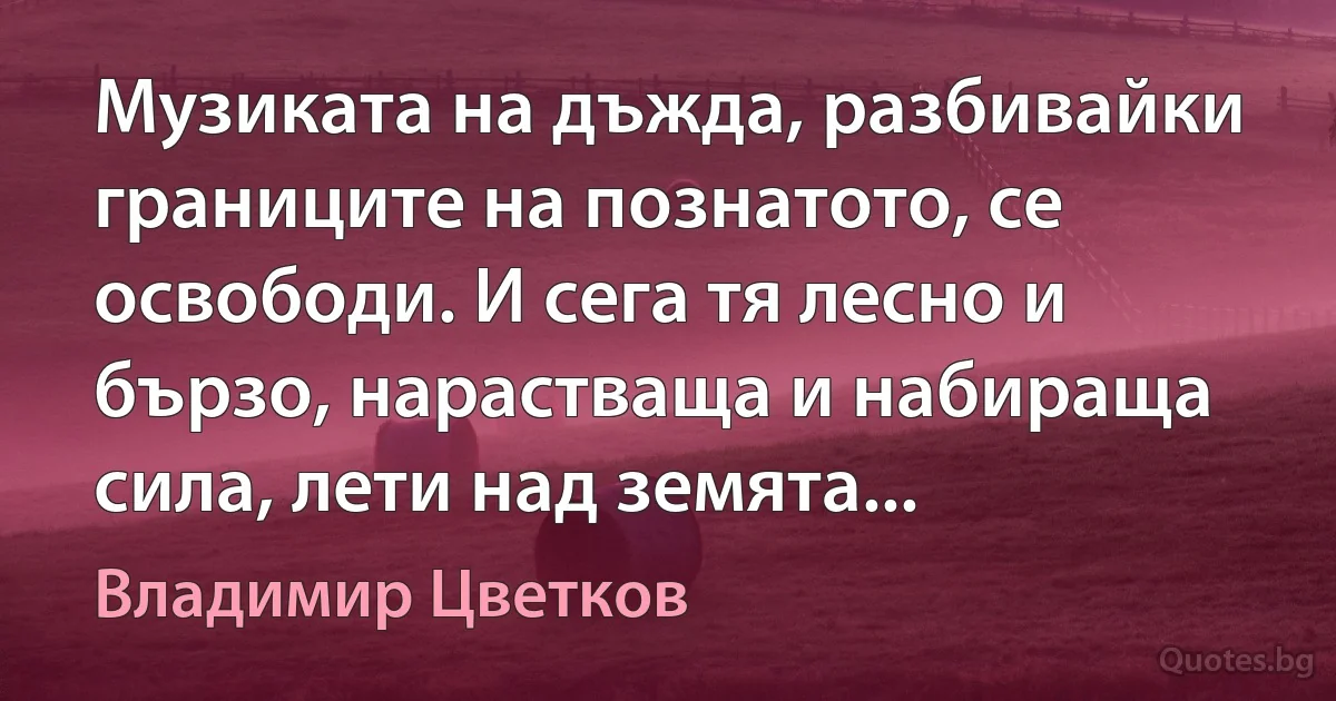 Музиката на дъжда, разбивайки границите на познатото, се освободи. И сега тя лесно и бързо, нарастваща и набираща сила, лети над земята... (Владимир Цветков)