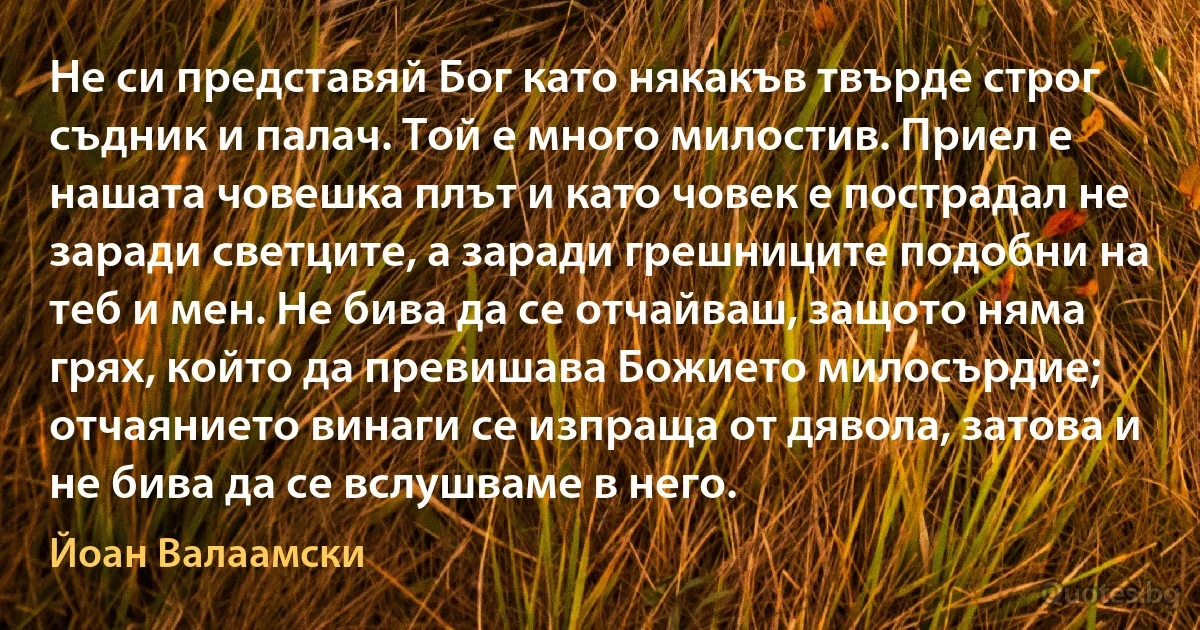 Не си представяй Бог като някакъв твърде строг съдник и палач. Той е много милостив. Приел е нашата човешка плът и като човек е пострадал не заради светците, а заради грешниците подобни на теб и мен. Не бива да се отчайваш, защото няма грях, който да превишава Божието милосърдие; отчаянието винаги се изпраща от дявола, затова и не бива да се вслушваме в него. (Йоан Валаамски)