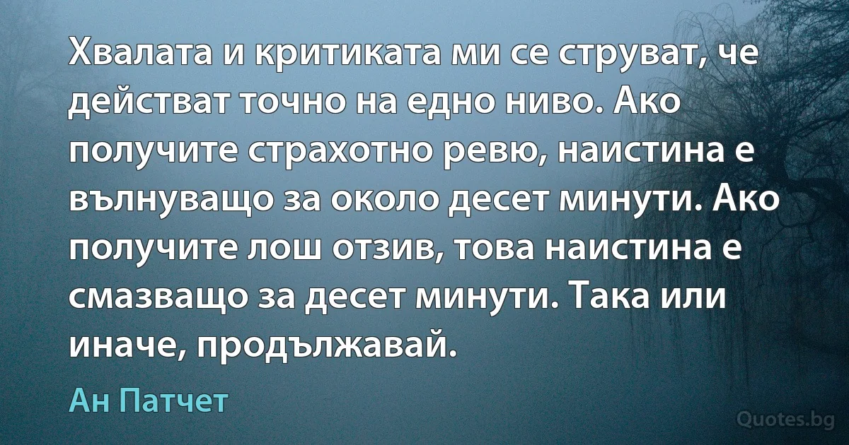 Хвалата и критиката ми се струват, че действат точно на едно ниво. Ако получите страхотно ревю, наистина е вълнуващо за около десет минути. Ако получите лош отзив, това наистина е смазващо за десет минути. Така или иначе, продължавай. (Ан Патчет)