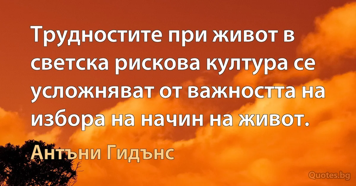 Трудностите при живот в светска рискова култура се усложняват от важността на избора на начин на живот. (Антъни Гидънс)