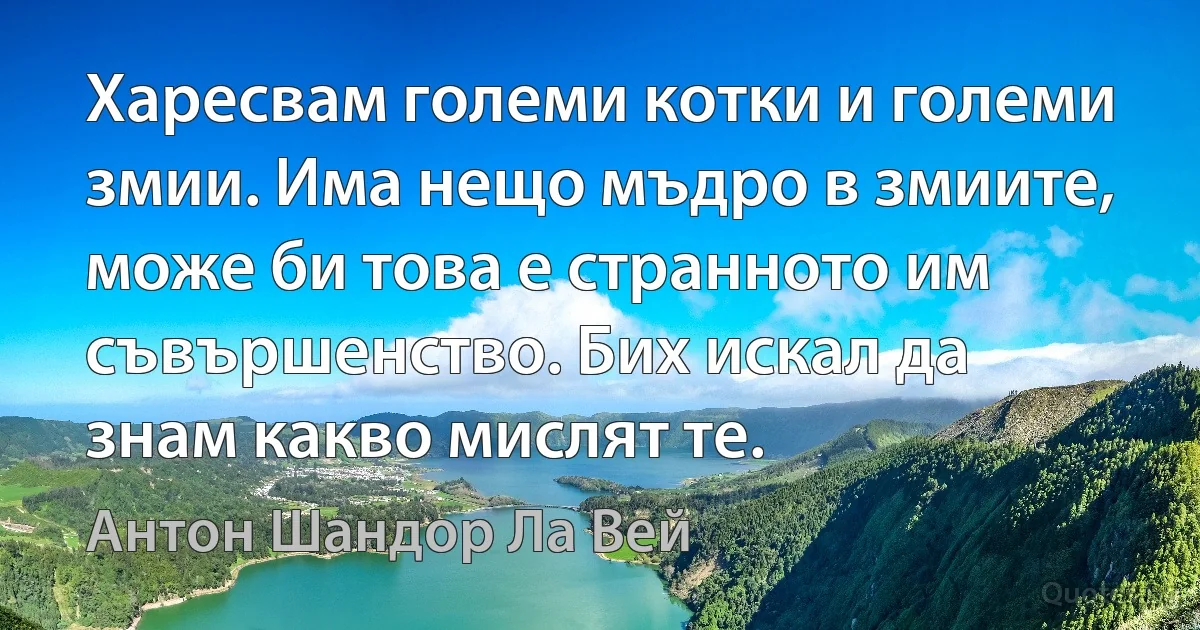 Харесвам големи котки и големи змии. Има нещо мъдро в змиите, може би това е странното им съвършенство. Бих искал да знам какво мислят те. (Антон Шандор Ла Вей)