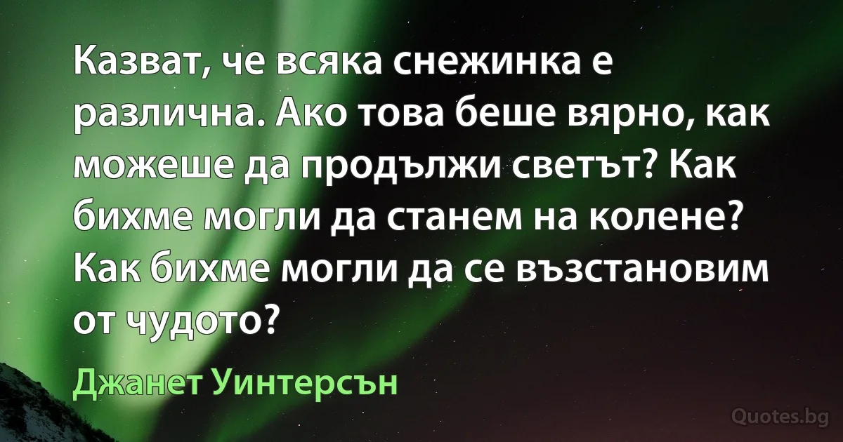 Казват, че всяка снежинка е различна. Ако това беше вярно, как можеше да продължи светът? Как бихме могли да станем на колене? Как бихме могли да се възстановим от чудото? (Джанет Уинтерсън)