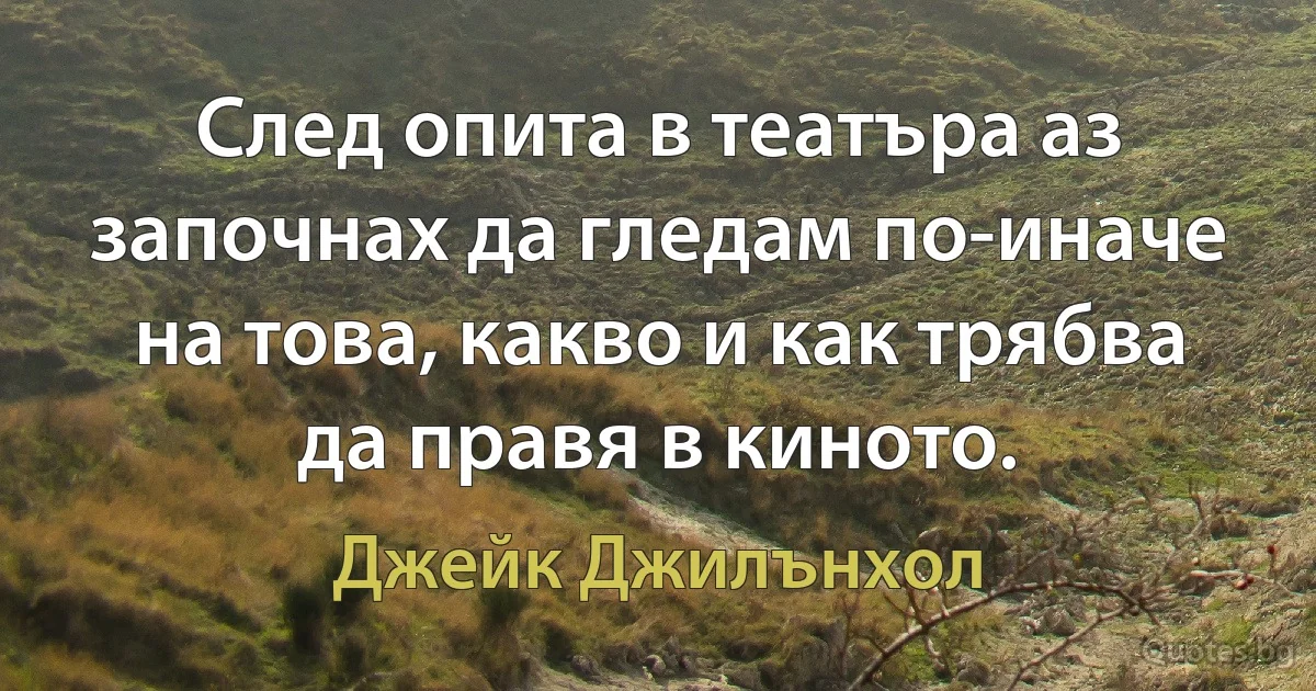 След опита в театъра аз започнах да гледам по-иначе на това, какво и как трябва да правя в киното. (Джейк Джилънхол)