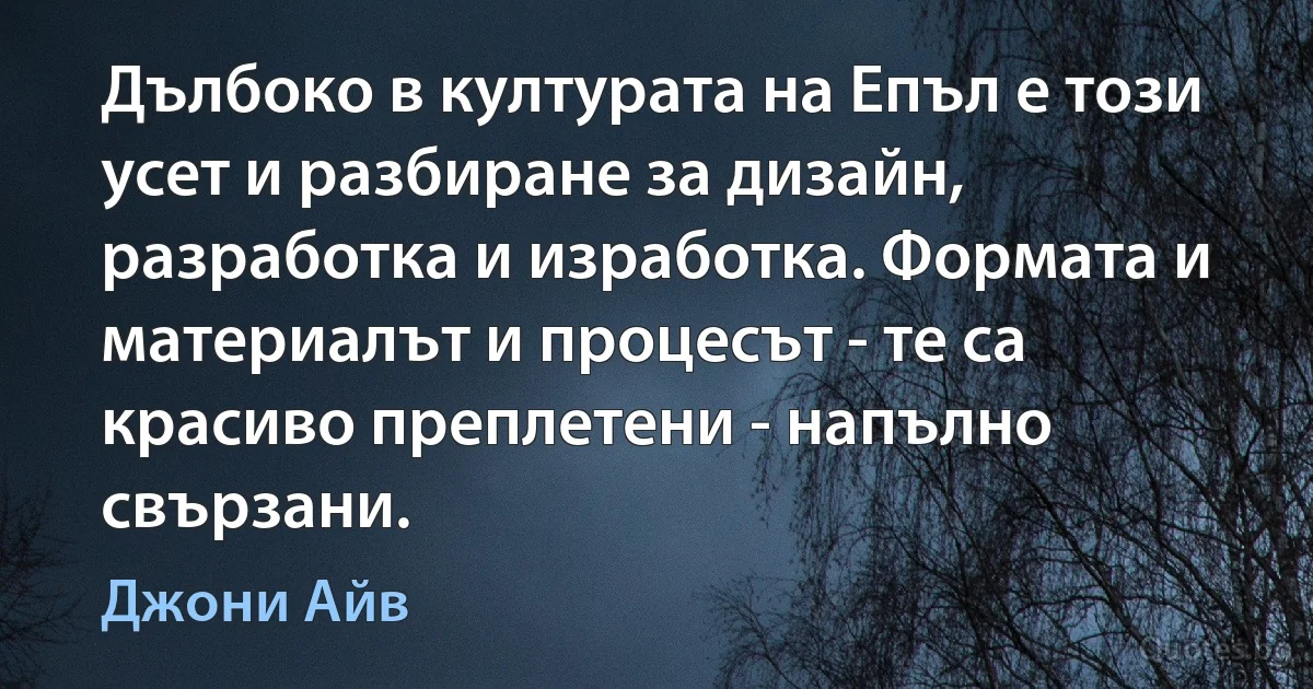 Дълбоко в културата на Епъл е този усет и разбиране за дизайн, разработка и изработка. Формата и материалът и процесът - те са красиво преплетени - напълно свързани. (Джони Айв)