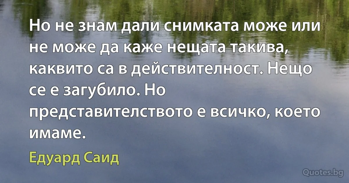 Но не знам дали снимката може или не може да каже нещата такива, каквито са в действителност. Нещо се е загубило. Но представителството е всичко, което имаме. (Едуард Саид)