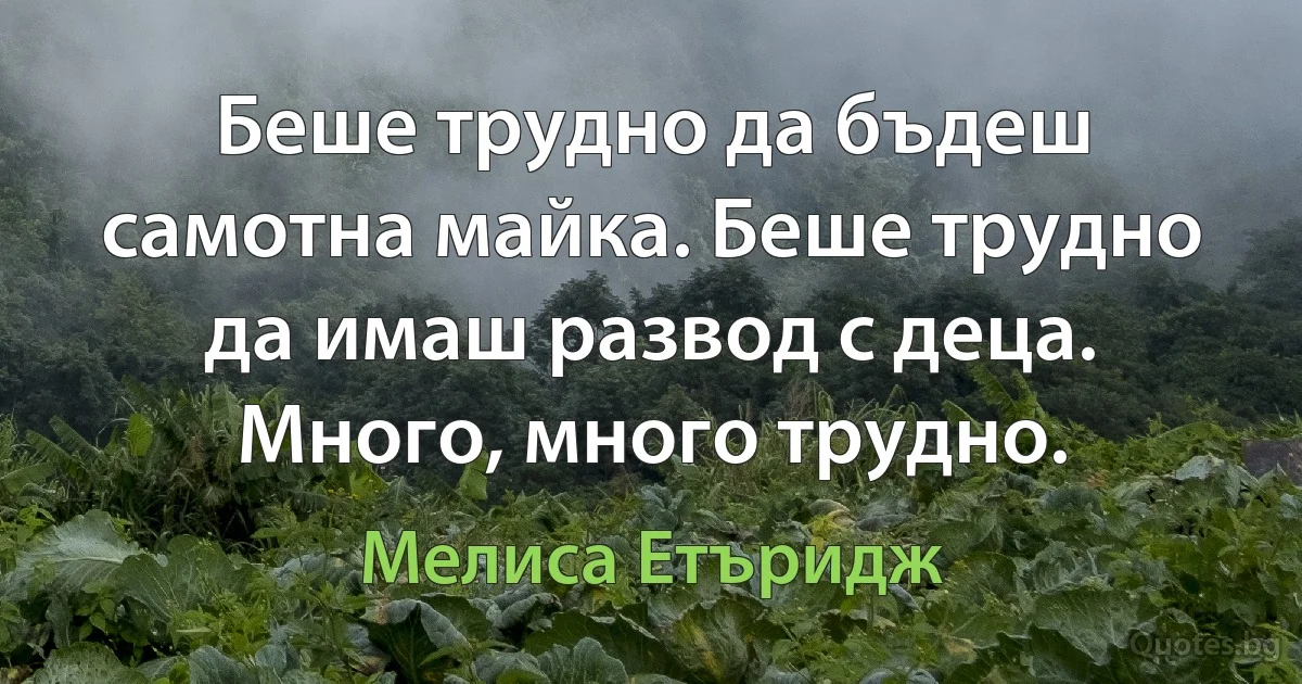 Беше трудно да бъдеш самотна майка. Беше трудно да имаш развод с деца. Много, много трудно. (Мелиса Етъридж)